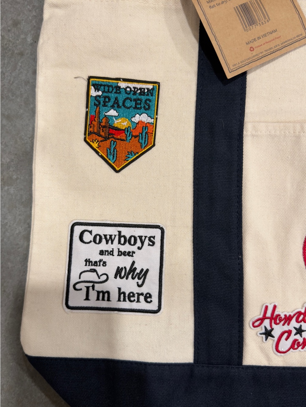 One of a Kind Trader Joe’s Canvas Tote NWT Handmade Western Patch Bag - Picture 8 of 9